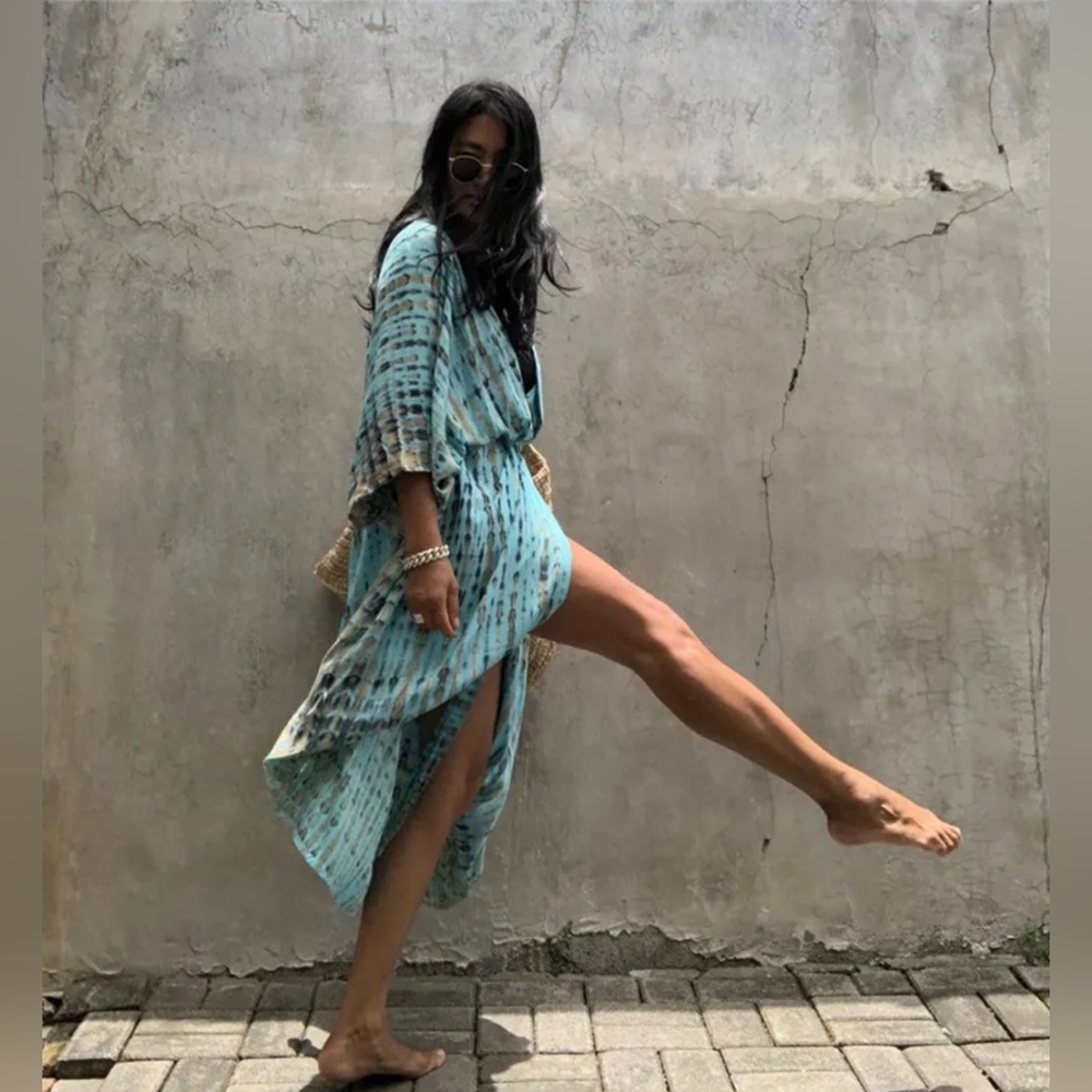 New Gorgeous Boho Tie Dye Kimono Duster Long Turquoise Blue Black Tan